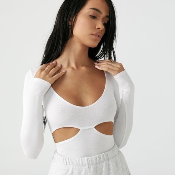 Joah Brown Tops - Joah Brown Fitted Cutout Long Sleeve in White Rib